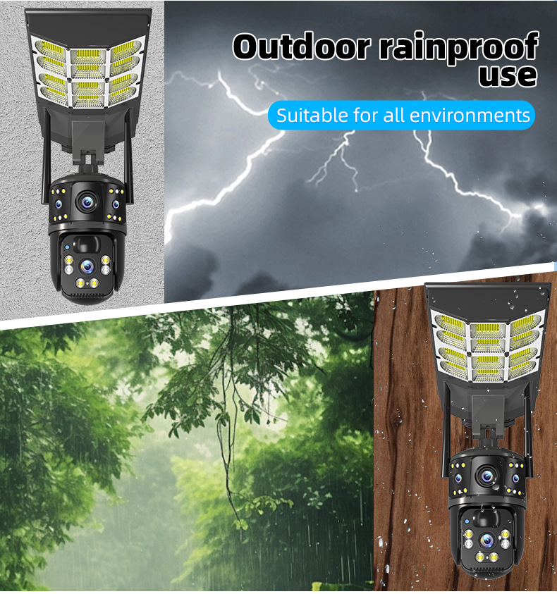 Solar-powered LED streetlight with dual-camera surveillance installed outdoors, demonstrating rainproof design and all-weather operation suitability for security monitoring in Southeast Asia and Africa