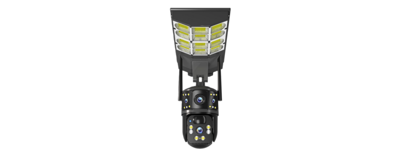 Solar-powered LED streetlight with integrated dual-camera surveillance module and built-in battery system, engineering structure view for outdoor security lighting applications in Southeast Asia and Africa
