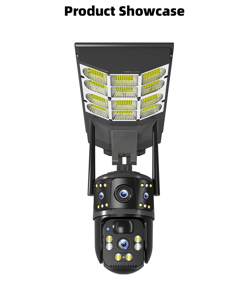 Solar-powered LED streetlight with integrated dual-camera surveillance unit shown as a complete product structure for outdoor security and lighting deployment in Southeast Asia and Africa