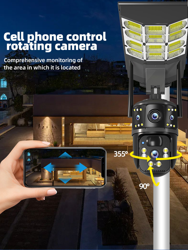 Solar-powered LED streetlight with dual-camera PTZ surveillance showing mobile phone remote rotation control for outdoor security monitoring in Southeast Asia and Africa