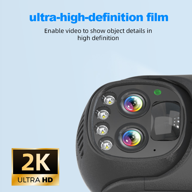 Dual-lens 2K ultra-HD imaging module on a solar-powered PTZ security camera designed for off-grid outdoor surveillance applications