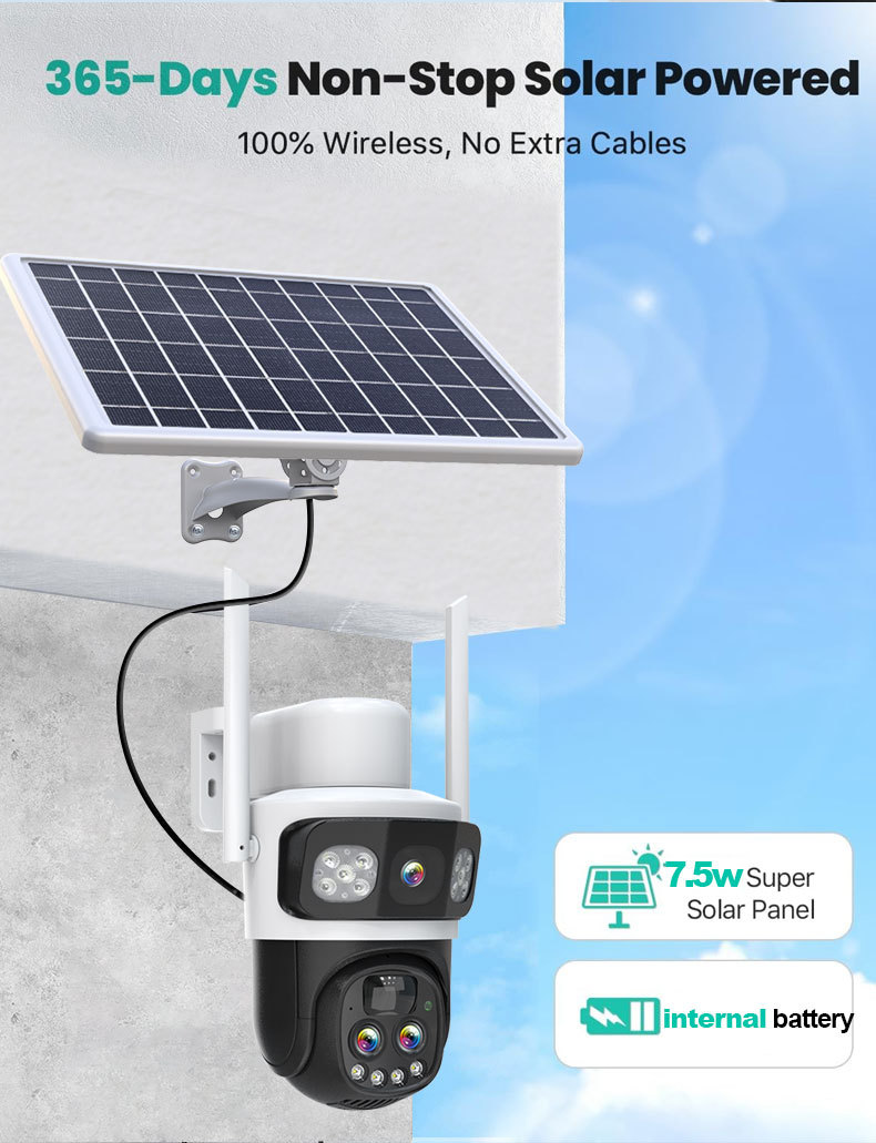 Solar-powered PTZ security camera with integrated panel and internal battery enabling 365-day off-grid wireless surveillance