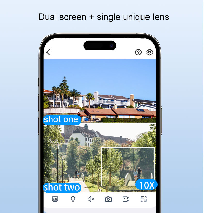Dual-screen monitoring interface showing 10× optical zoom performance on a solar-powered PTZ security camera for long-distance outdoor surveillance