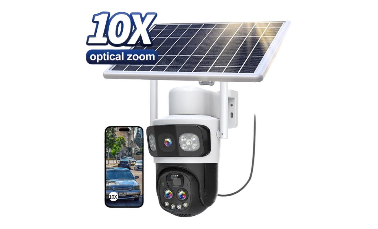 Structural view of a solar-powered dual-lens PTZ security camera with 10x optical zoom, showing the integrated solar panel, camera housing, and power cable layout for off-grid outdoor surveillance applications