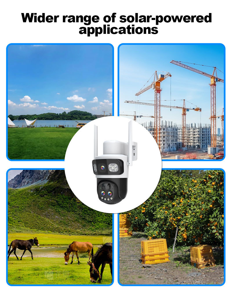 solar powered dual lens PTZ security camera shown in multiple outdoor application scenarios including farms construction sites and rural monitoring for off-grid surveillance projects
