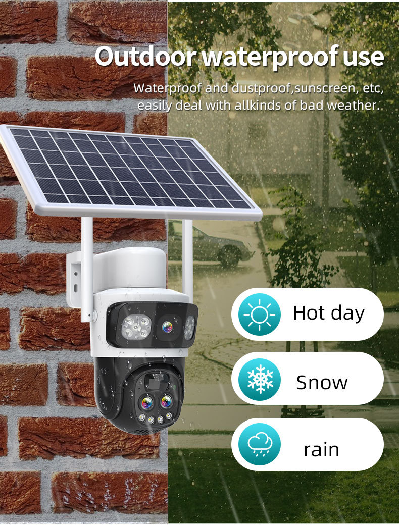 weatherproof solar powered PTZ security camera operating in rain snow and hot outdoor environments for off-grid surveillance