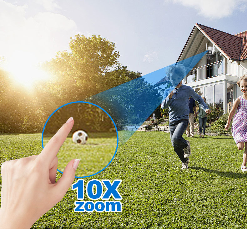 Solar-powered PTZ camera with 10x optical zoom monitoring family and perimeter security in residential outdoor areas