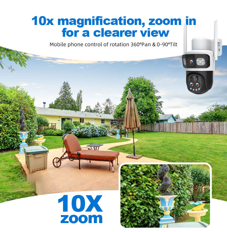 Solar-powered PTZ security camera using 10x optical zoom for wide-area yard surveillance