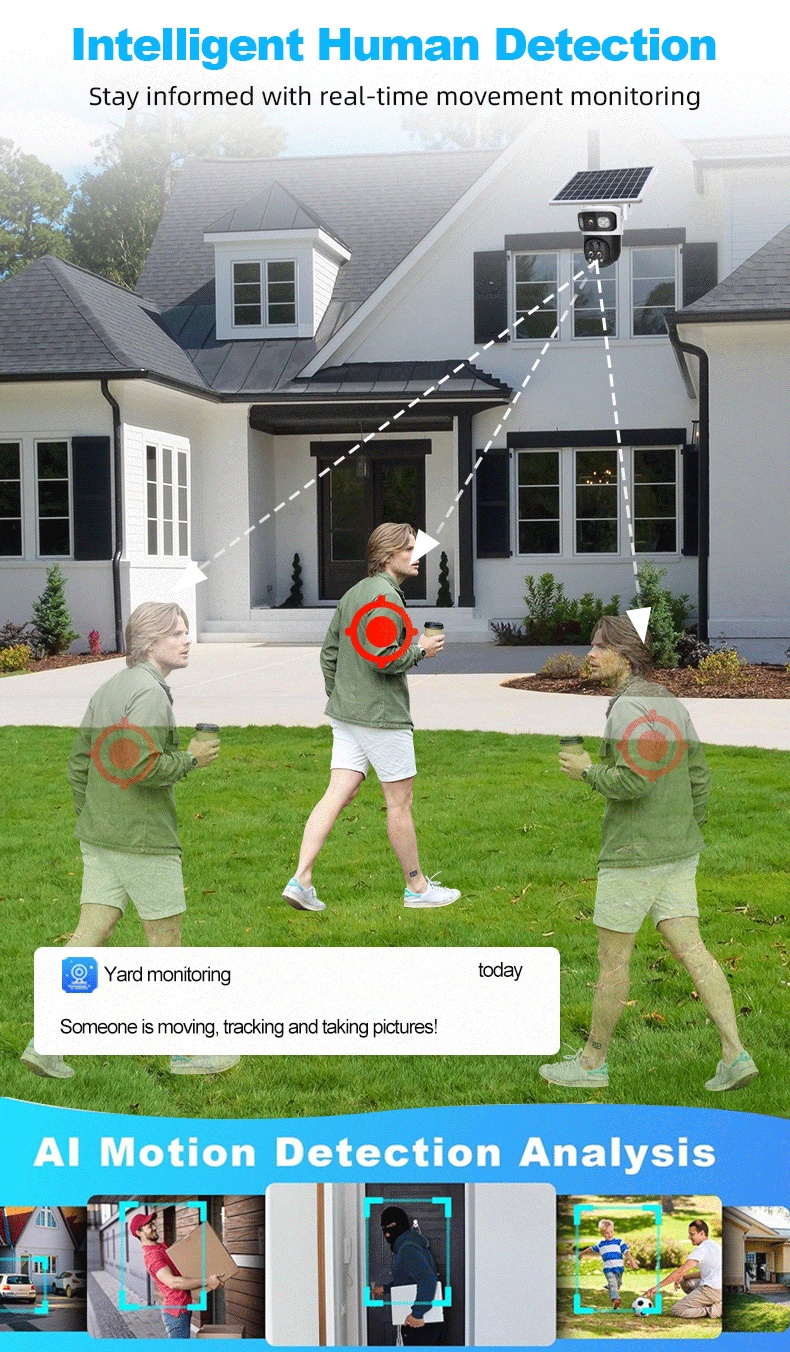 AI human detection and motion tracking demonstration on a solar-powered PTZ security camera for yard monitoring