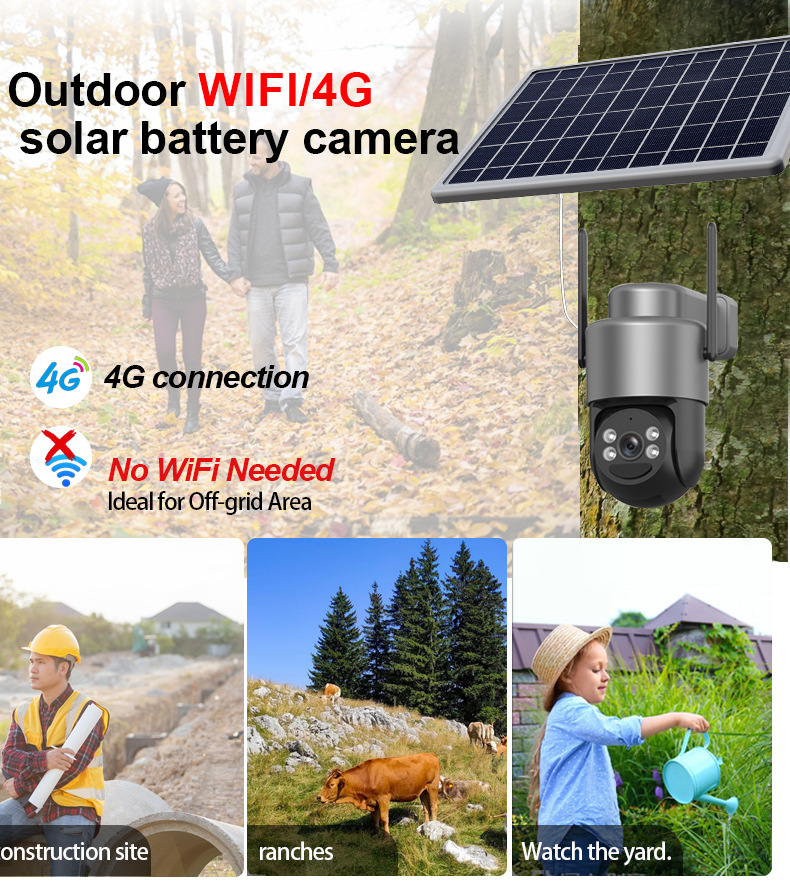 Outdoor 4G solar powered security camera designed for off grid monitoring without WiFi infrastructure