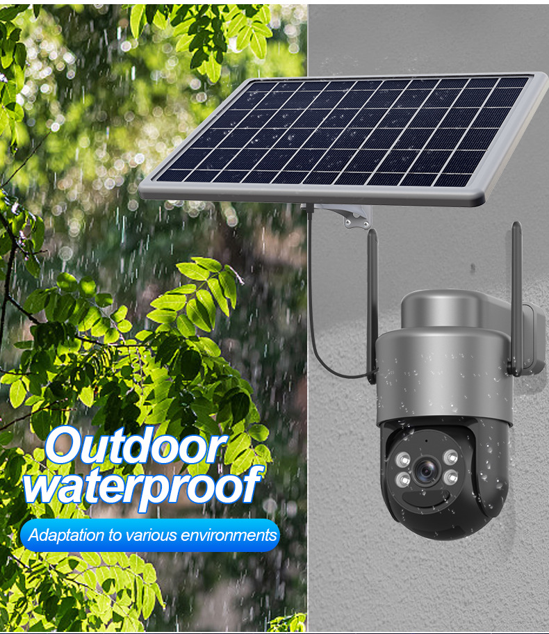 Outdoor waterproof solar powered CCTV camera operating reliably in rain and harsh weather environments for continuous security monitoring