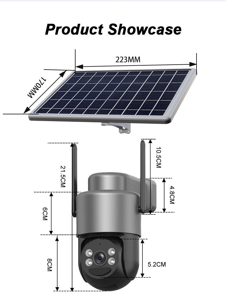 Dimension and structure diagram of a solar powered security camera showing panel size camera body height and mounting distances for installation planning