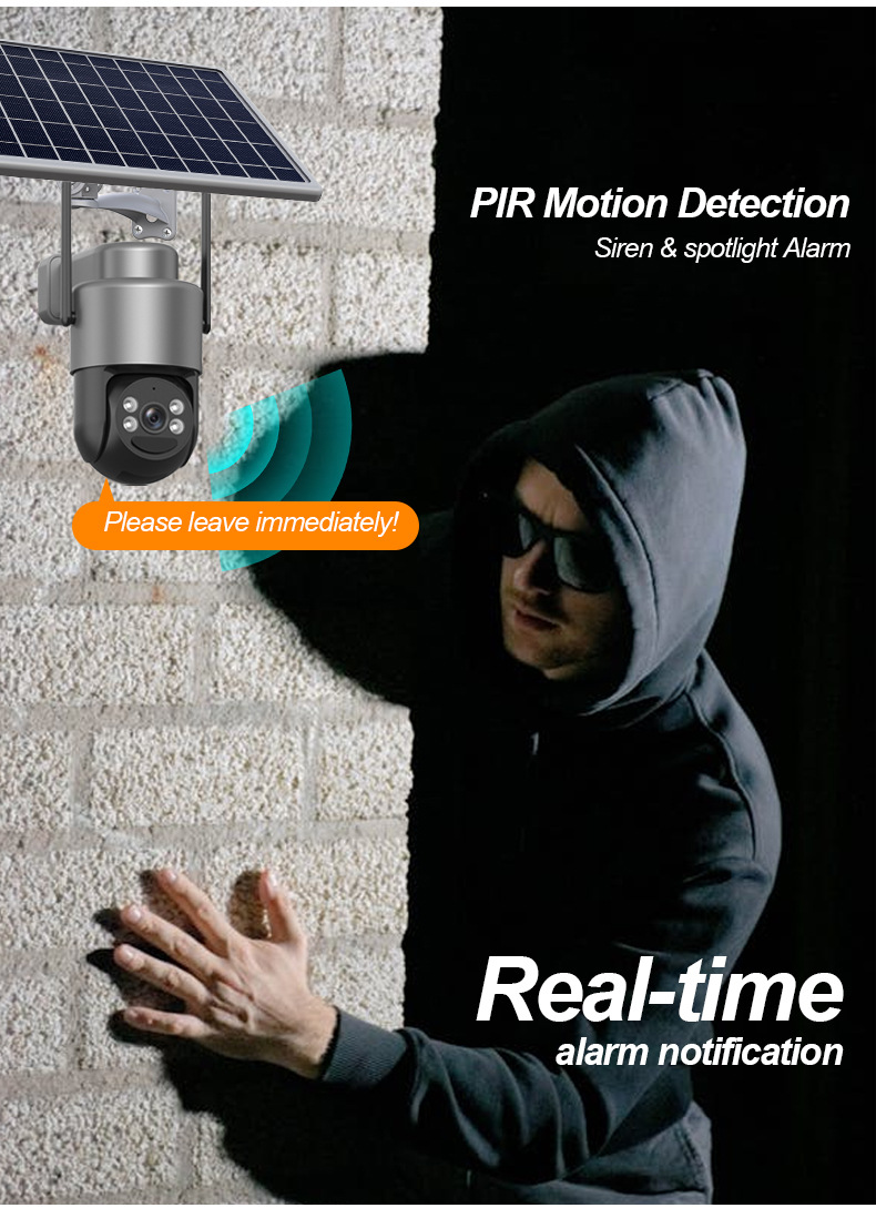 Solar powered CCTV camera using PIR motion detection to activate siren and spotlight alarm for real-time outdoor intrusion warning