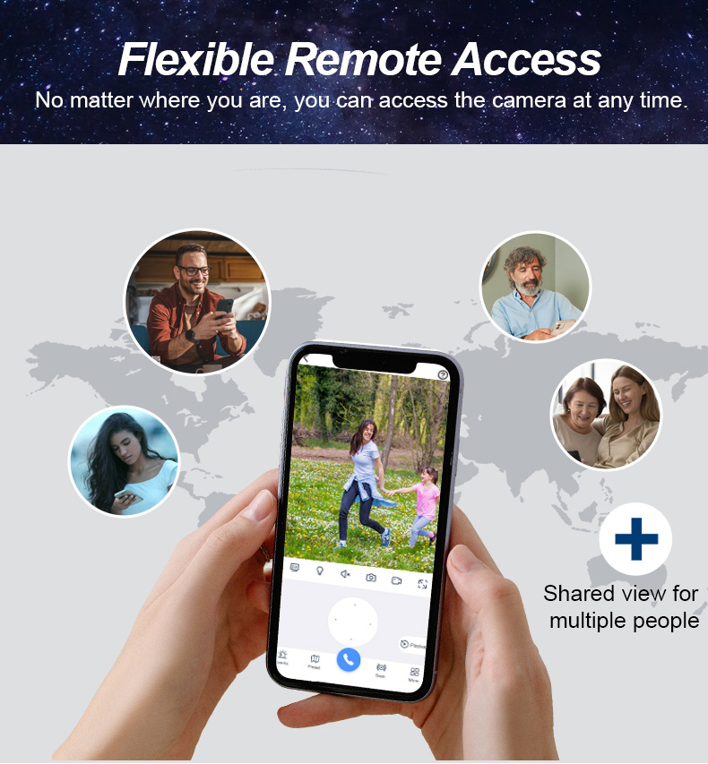 Solar powered CCTV camera with mobile app remote access and shared viewing for multiple users across different locations