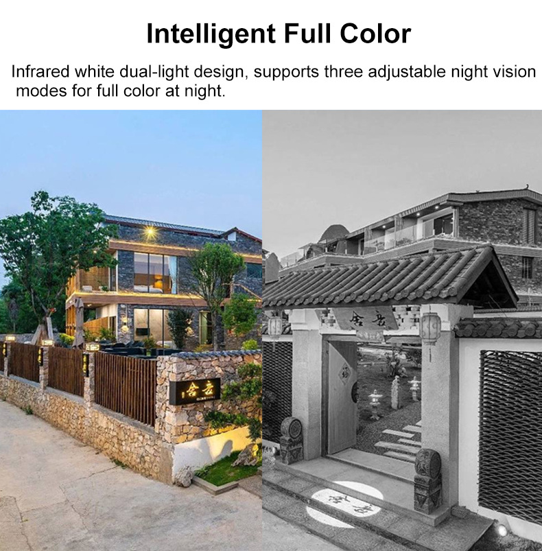 Solar powered CCTV camera showing intelligent full color night vision with infrared and white light illumination for outdoor home security monitoring