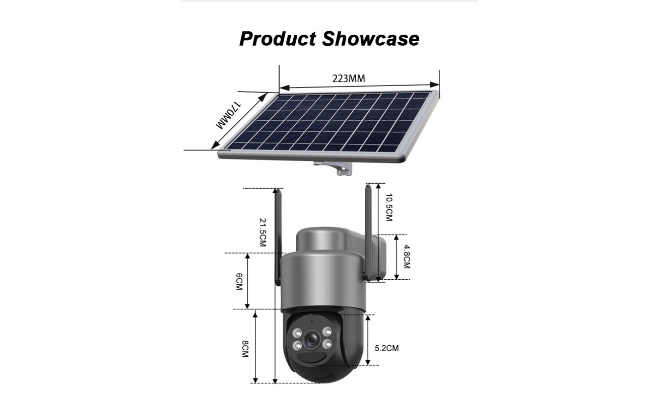 Dimension and structure diagram of a solar powered PTZ security camera showing panel size, mounting height, and camera body measurements for off-grid surveillance projects