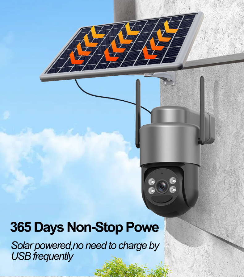 Solar powered PTZ security camera mounted outdoors delivering 365 days non stop power for off grid surveillance applications