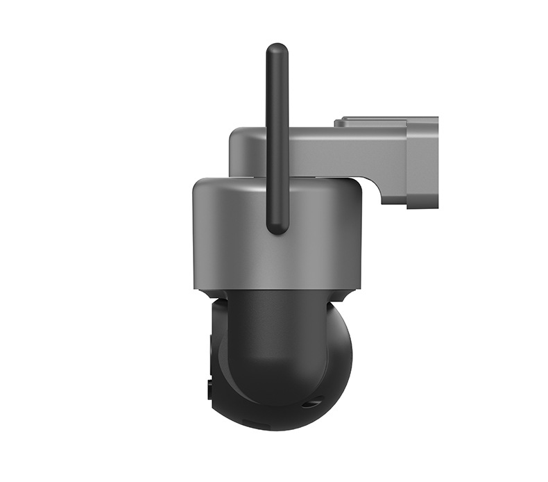 Side view of a wall mounted solar powered security camera showing antenna placement housing design and installation angle for outdoor surveillance