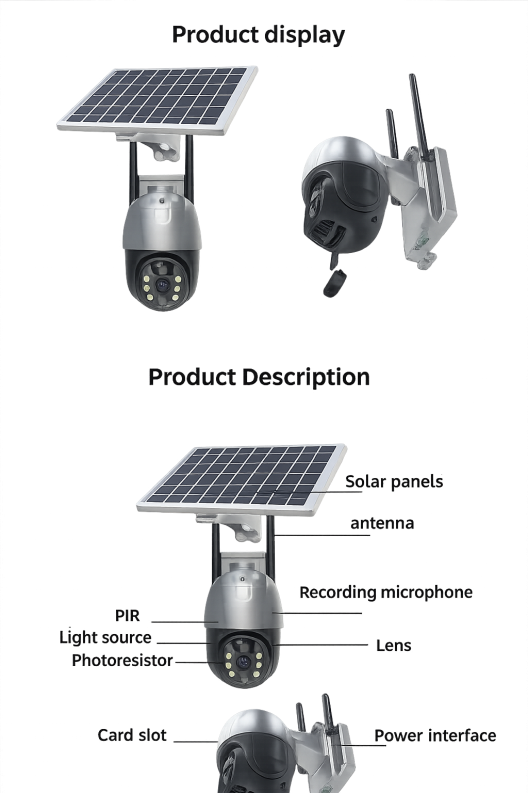 Dimension and structure diagram of a solar powered PTZ security camera showing panel size, mounting height, and camera body measurements for off-grid surveillance projects