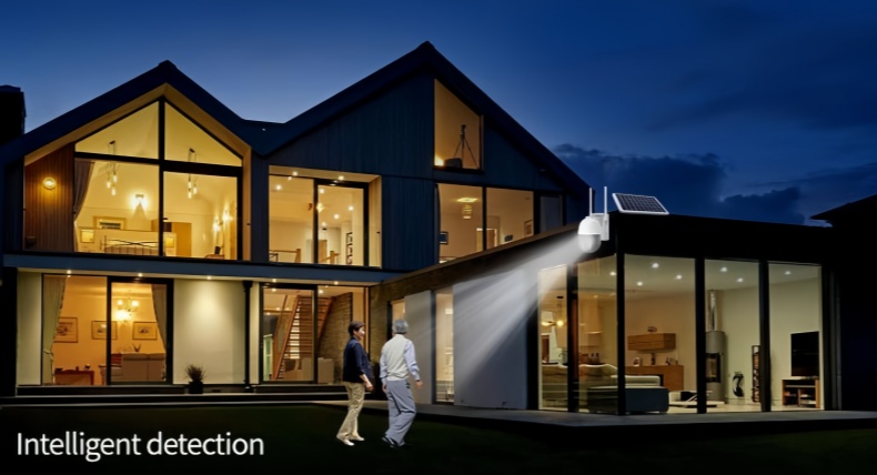 solar powered CCTV camera featuring intelligent full color night vision for low light outdoor monitoring