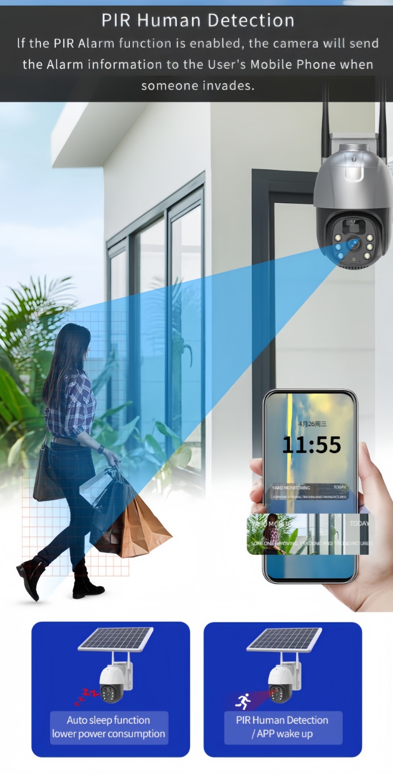 solar powered CCTV camera with PIR human detection sending real time alert notifications to mobile application