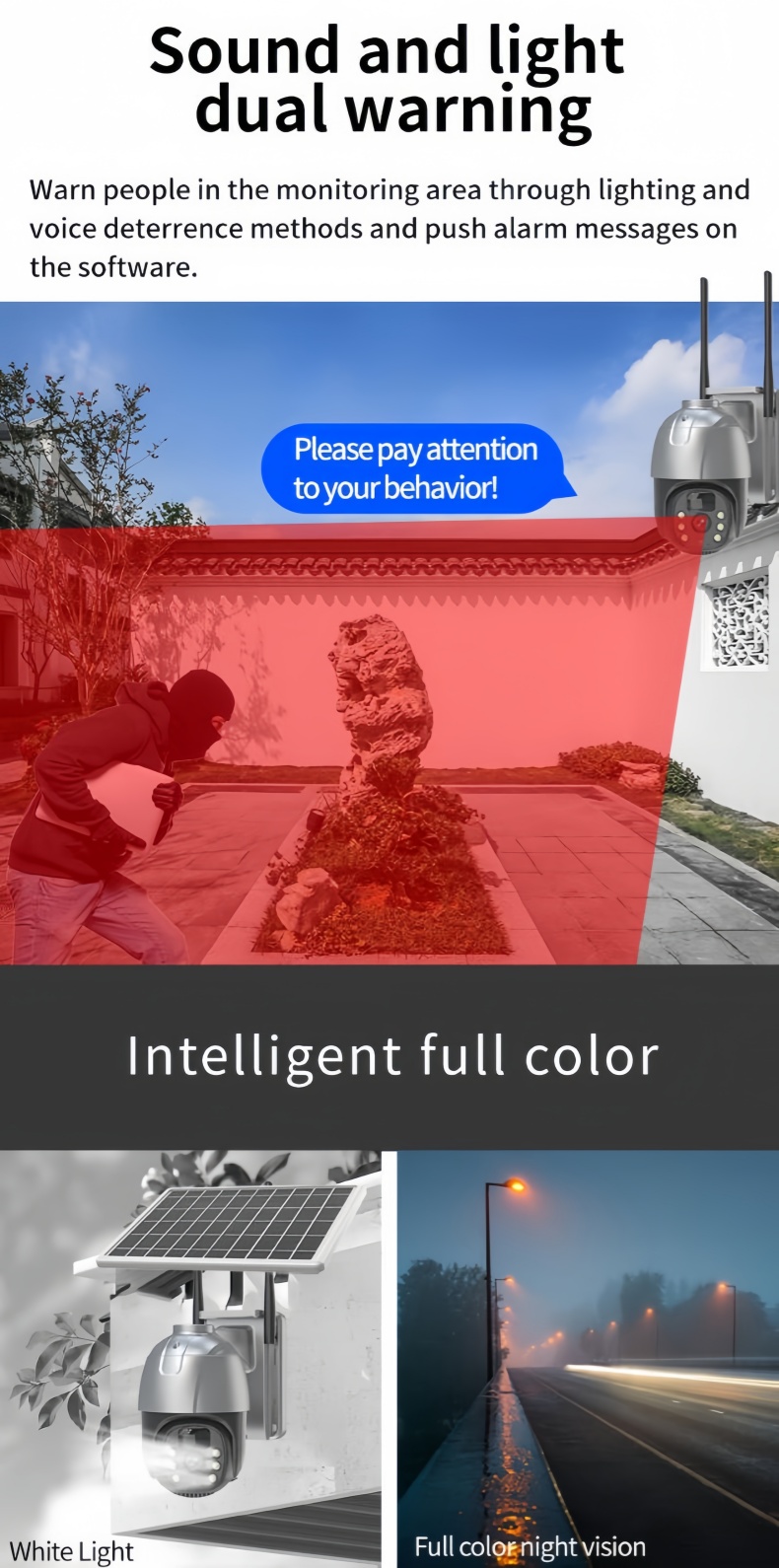 solar powered CCTV camera with sound and light dual warning alarm for active intrusion deterrence