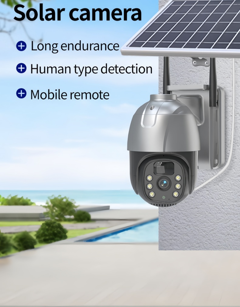 Solar powered PTZ security camera designed for long endurance outdoor monitoring with mobile remote access in off-grid environments