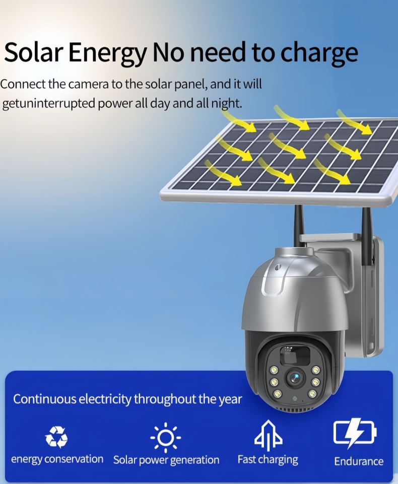 Solar powered security camera using monocrystalline solar panel and battery backup for continuous off-grid surveillance