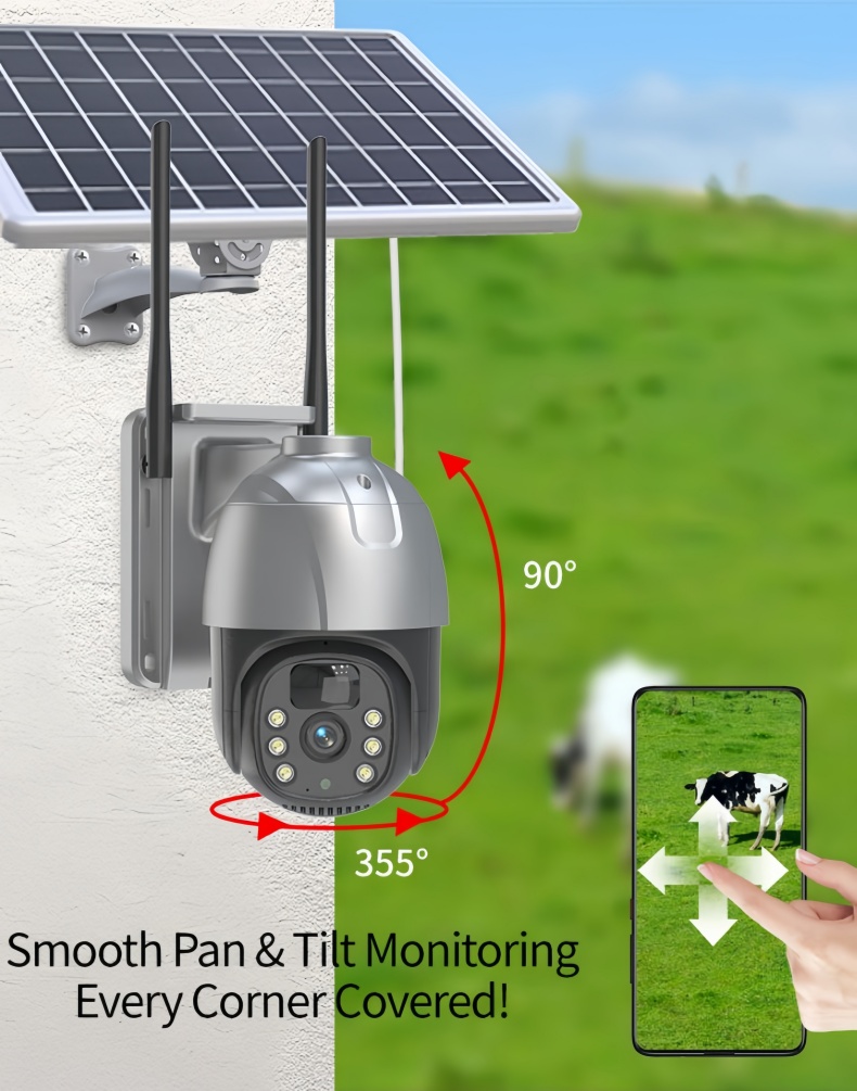 Solar powered PTZ security camera with 355 degree pan and 90 degree tilt enabling full coverage remote monitoring