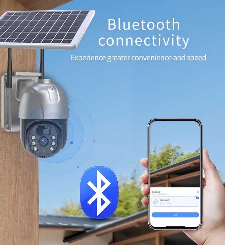 solar powered PTZ security camera with bluetooth connectivity used for quick local setup in off grid outdoor surveillance applications