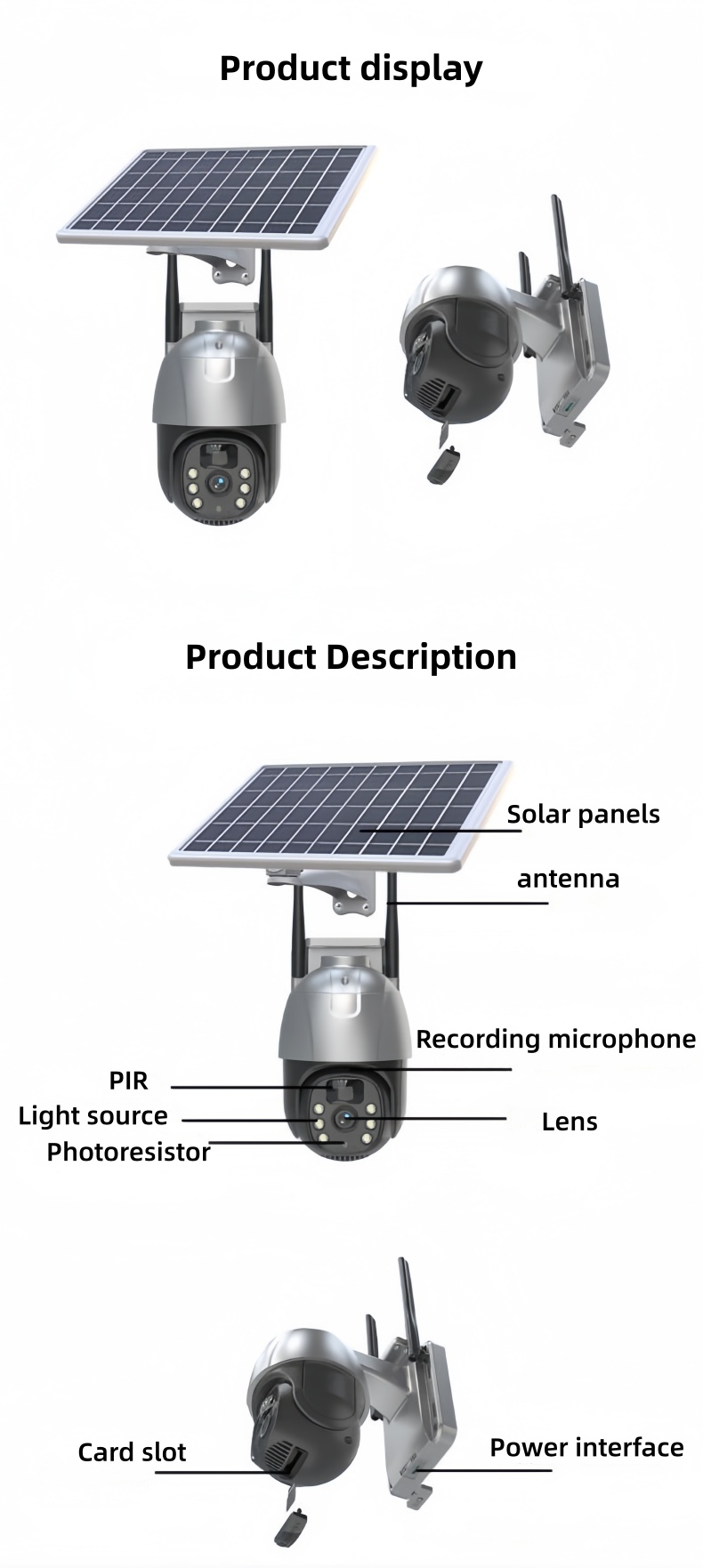 component labeled solar powered PTZ security camera showing solar panel antenna PIR sensor lens microphone card slot and power interface for off grid surveillance