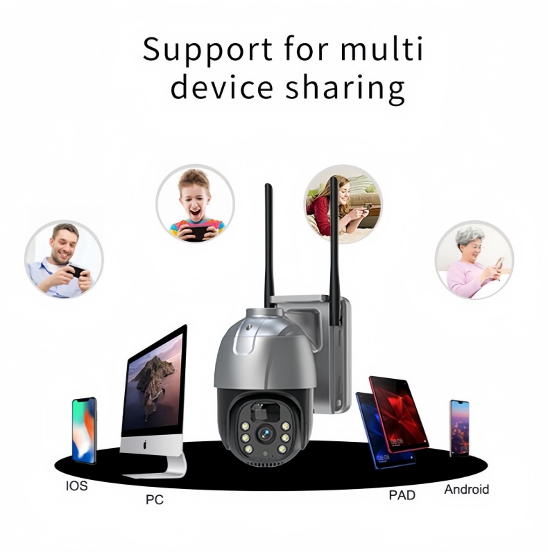 solar powered PTZ security camera supporting multi device sharing across iOS Android PC and tablet platforms