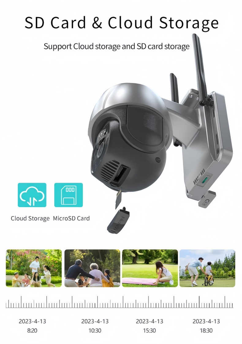 solar powered PTZ surveillance camera supporting SD card and cloud storage for continuous off grid video recording