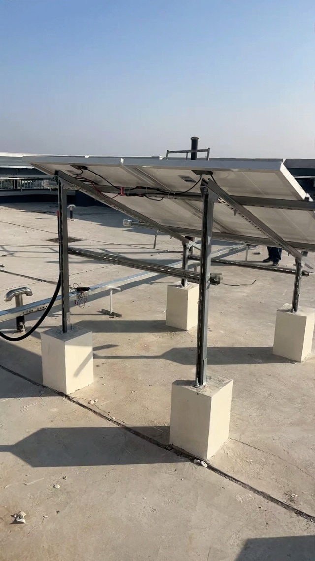 solar photovoltaic mounting structure installed on residential rooftop infrastructure in Shijiazhuang Hebei demonstrates that stable rooftop solar installation architecture supports long-term off-grid power reliability for residential public lighting systems under urban environmental exposure conditions